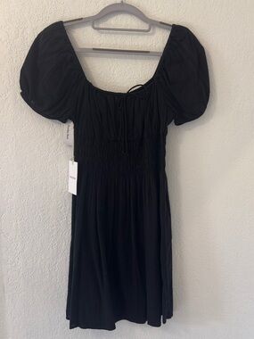 NWT Aritzia Sunday Best Black Smocked Puff-Sleeve Mini Dress